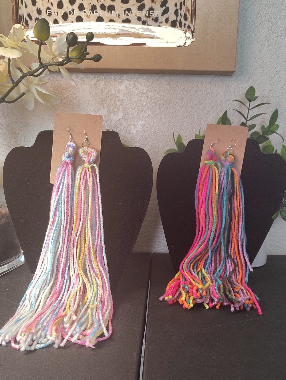 Two Handmade Multicolor Yarn Tassel Earrings - Pair